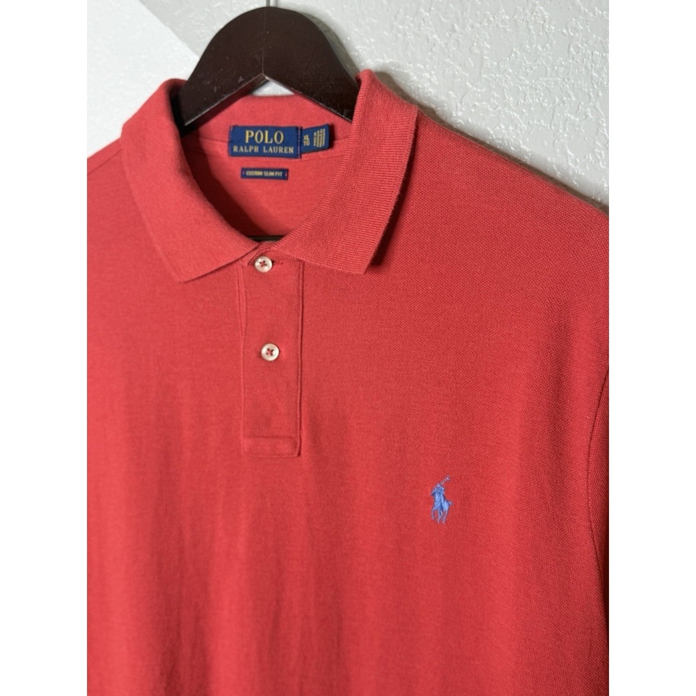 Polo Ralph Lauren Mens XL Custom Slim Fit Polo Shirt Coral Red Blue Pony Cotton - Picture 5 of 11